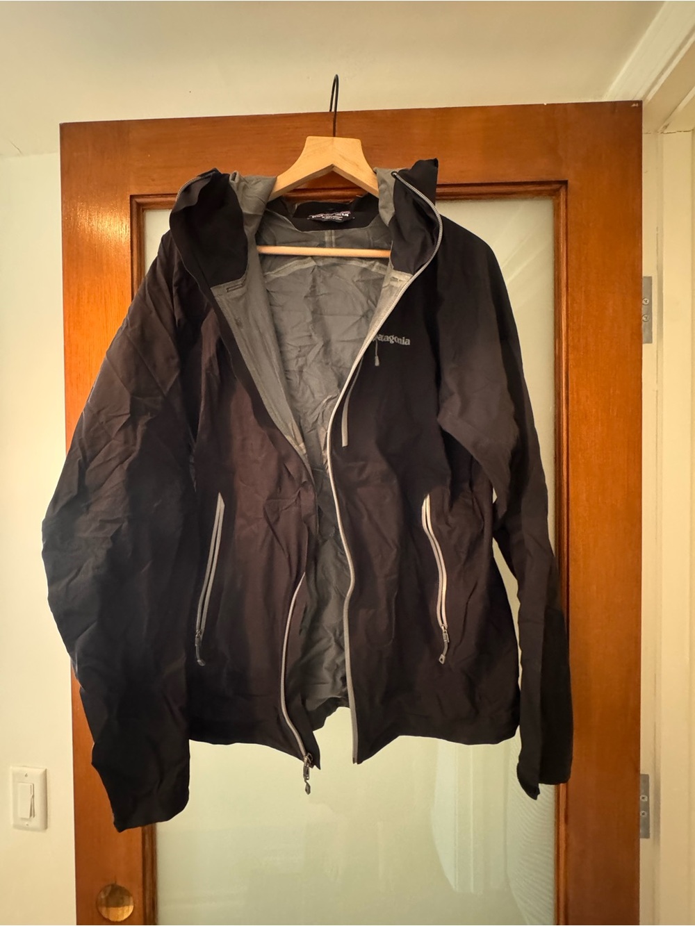 Patagonia Black Hooded Performance Shell Jacket with Gray Lining